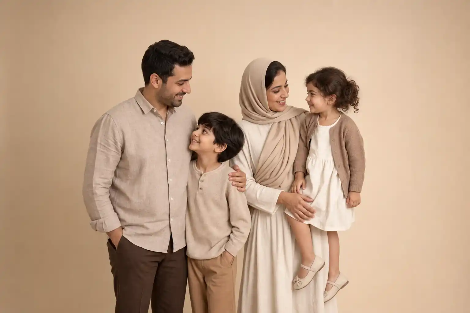 ست لباس هماهنگ برای عکس خانوادگی ست لباس هماهنگ خانواده برای عکاسی در آتلیه با رنگهای خنثی