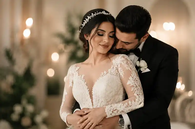 ژست بغل از پشت عروس و داماد با حس رمانتیک و لطیف