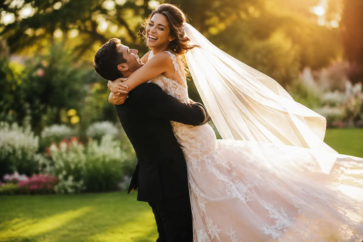 ژست بلند کردن عروس توسط داماد و خنده شاد