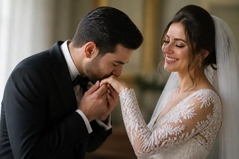 ژست بوسه بر پیشانی عروس توسط داماد