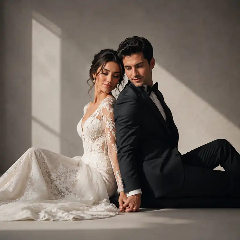 ژست مفهومی تکیه پشت به پشت عروس و داماد