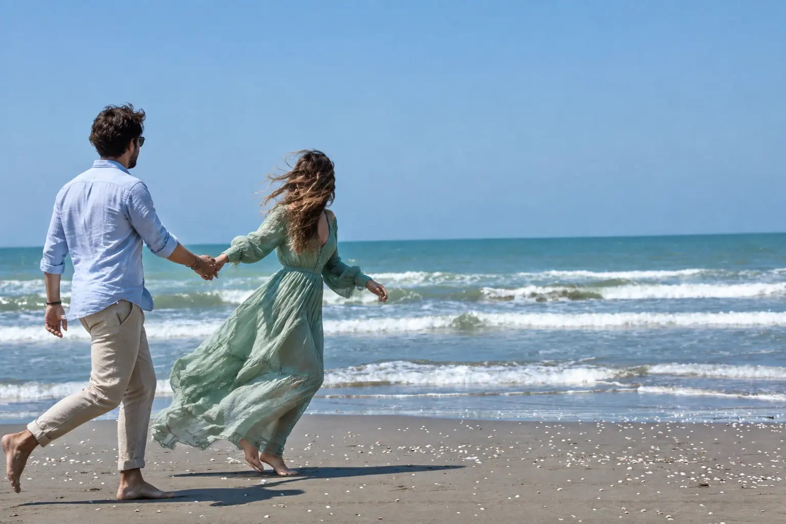 ژست عکس کنار دریا در حال دویدن در ساحل
