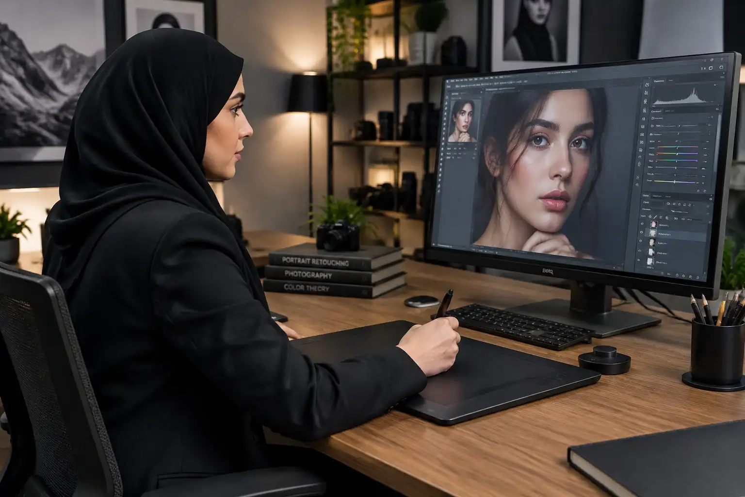 اتاق ادیت آفلاین و مانیتور روتوش با کادر خانم در استودیو تک چهره ها