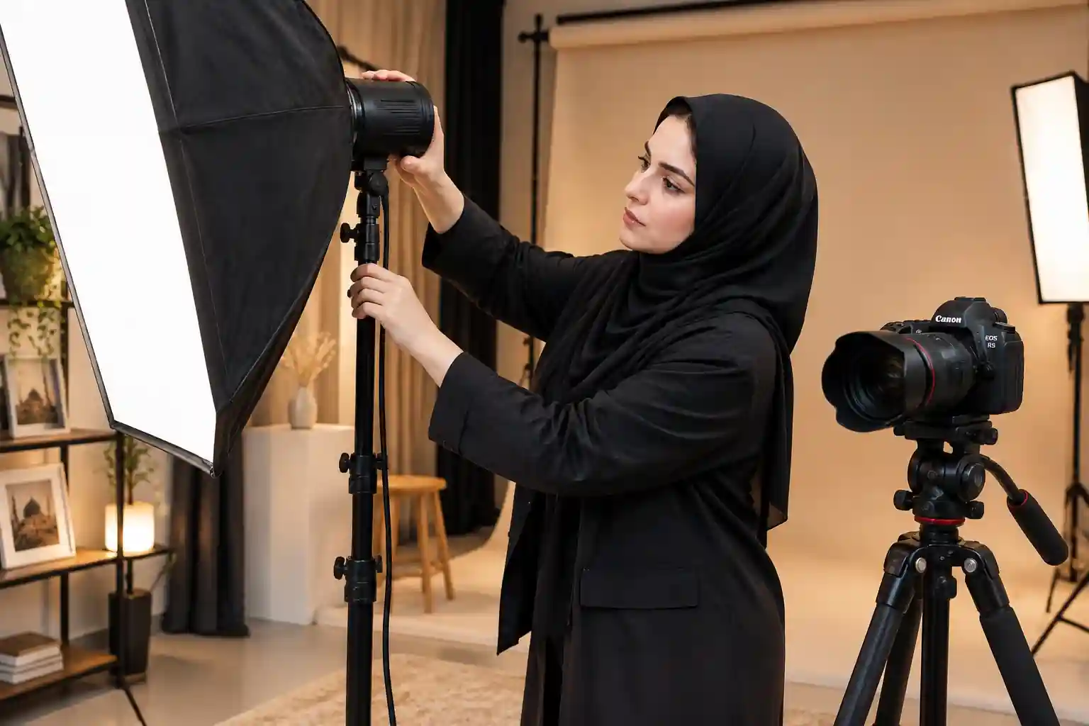عکاس خانم در آتلیه مذهبی با کادر خانم در حال تنظیم تجهیزات نوری